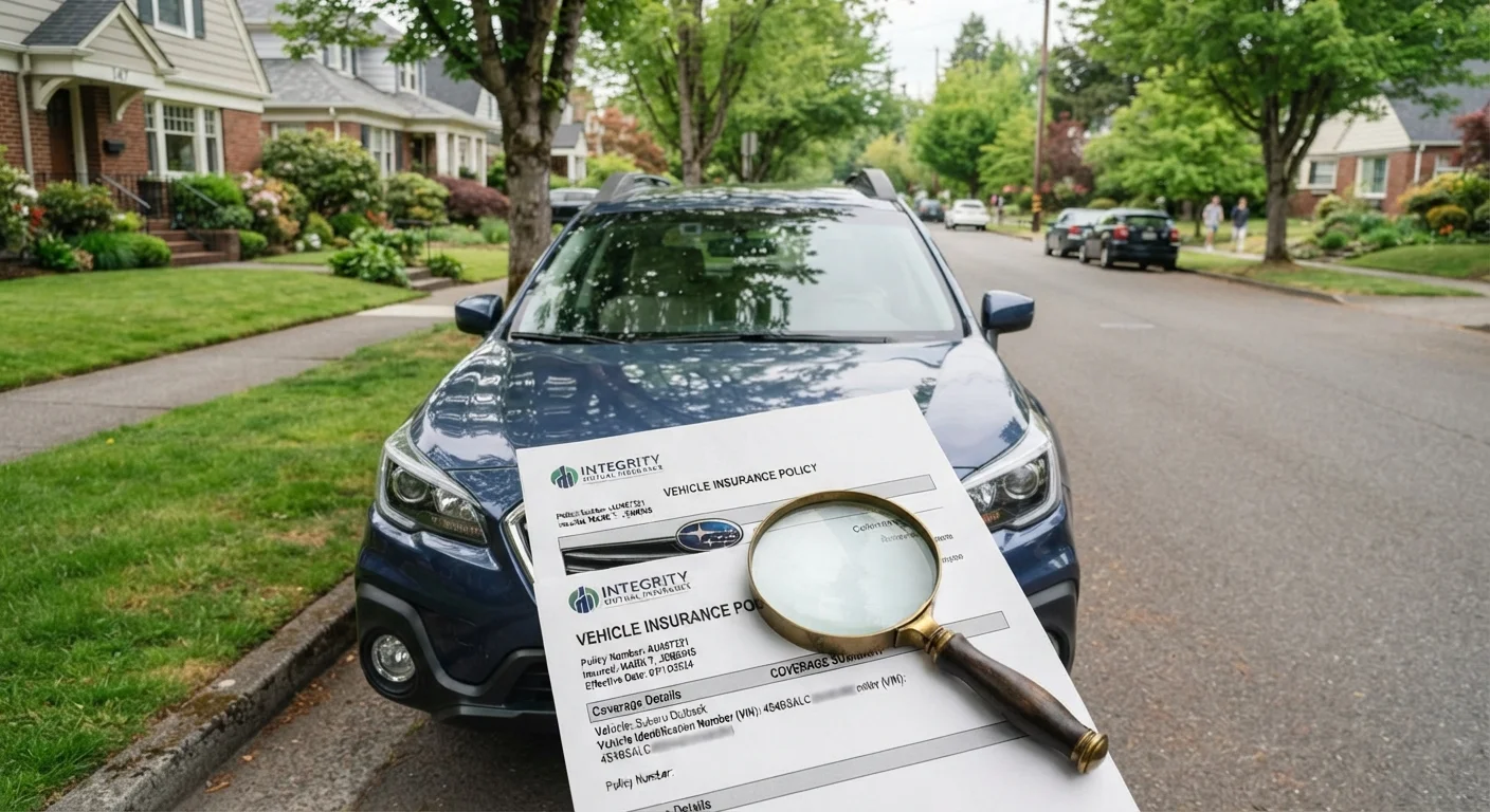 Car parked on street with insurance documents and magnifying glass on hood