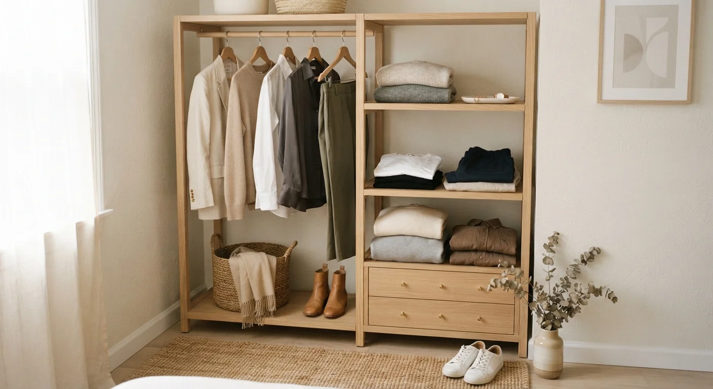 A minimal wardrobe with a small collection of neatly arranged neutral clothing essentials