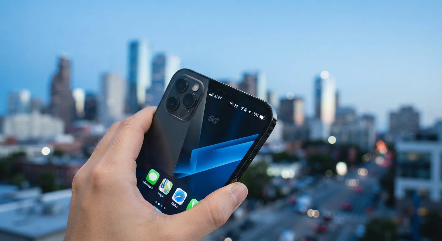 Smartphone showing 5G connectivity signal with urban cityscape in soft background