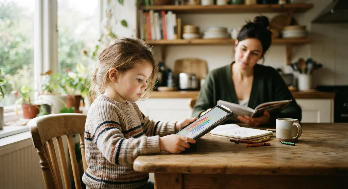 Young child using a tablet at home with a parent supervising nearby in soft focus