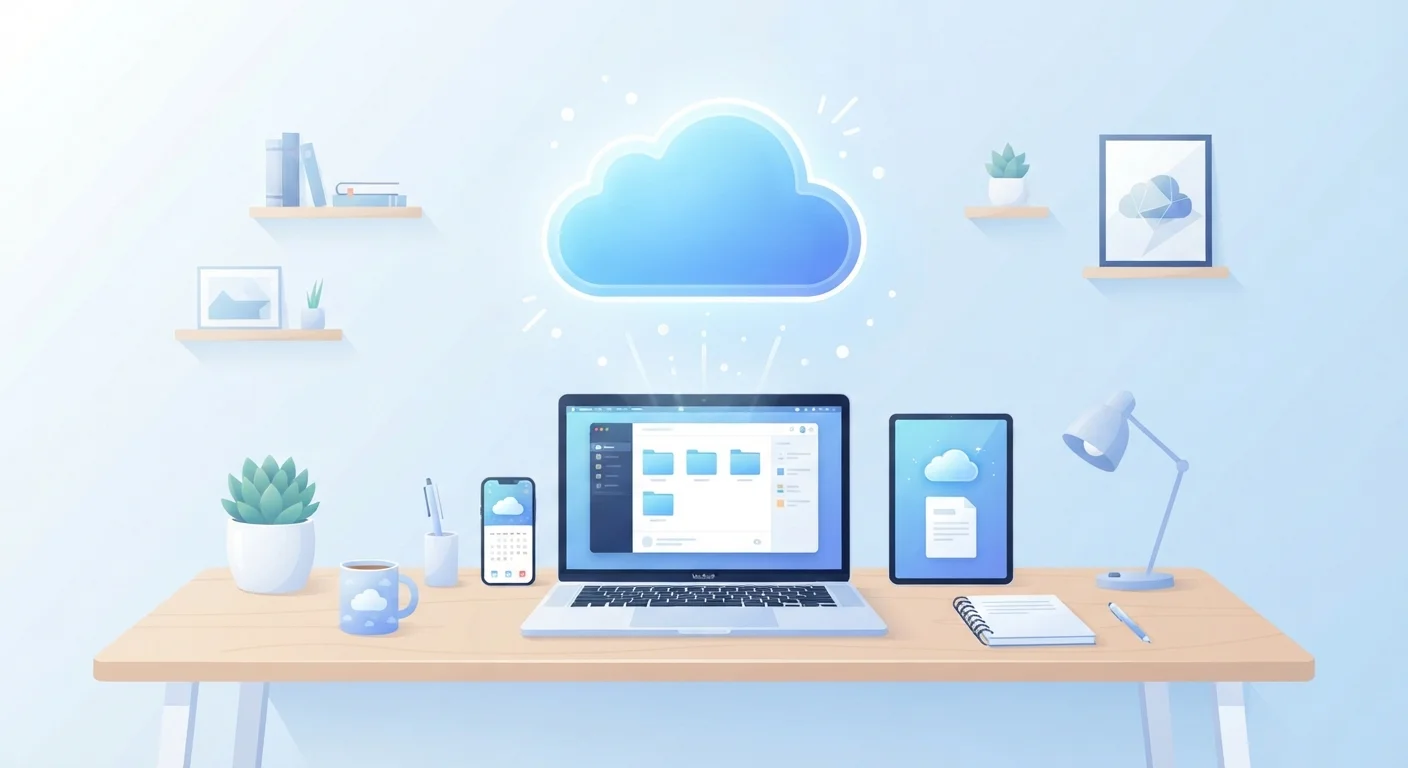Digital cloud icon connected to laptop, smartphone, and tablet on a clean desk