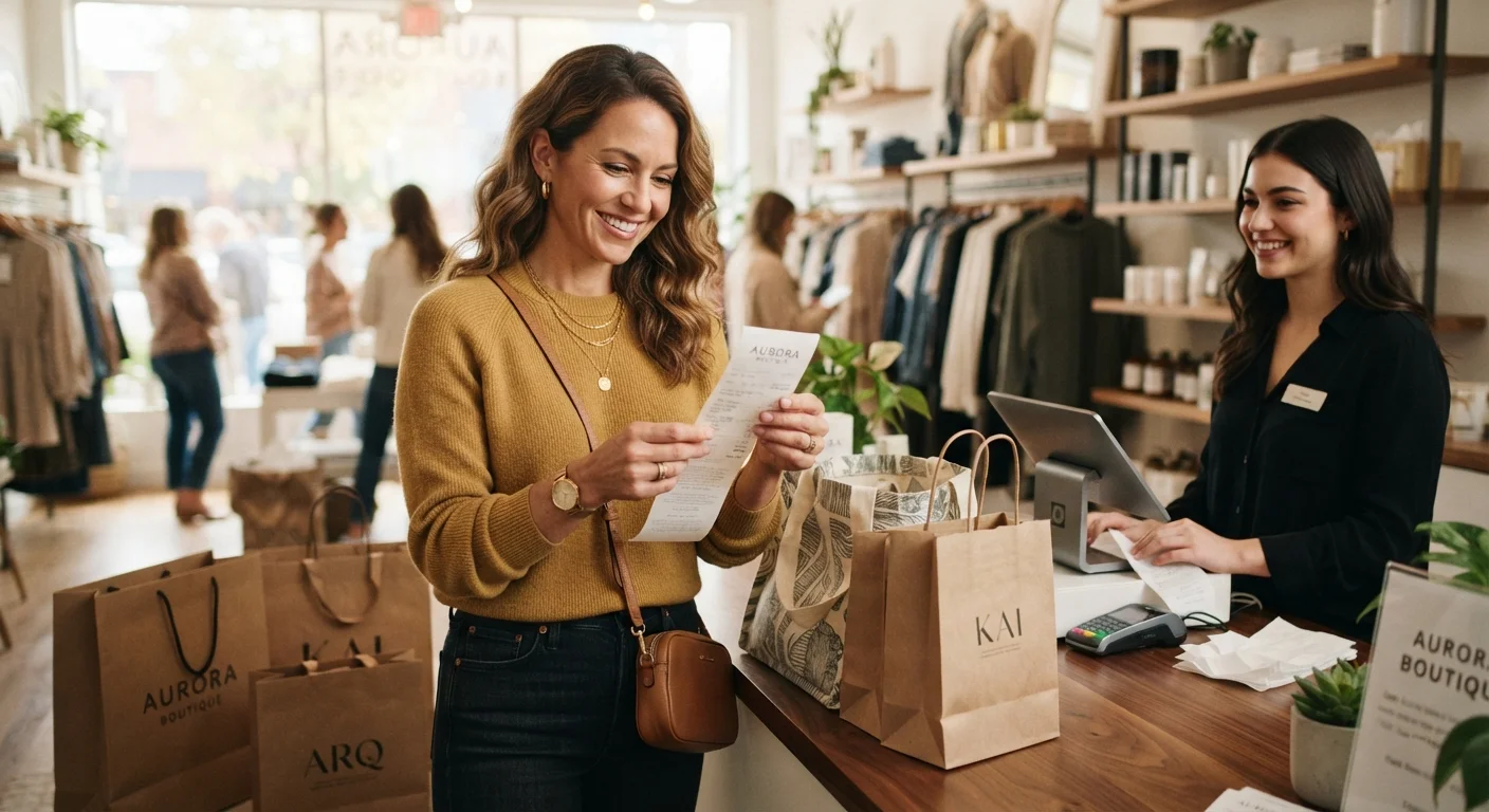 A shopper carefully reviewing a purchase receipt at a retail store counter