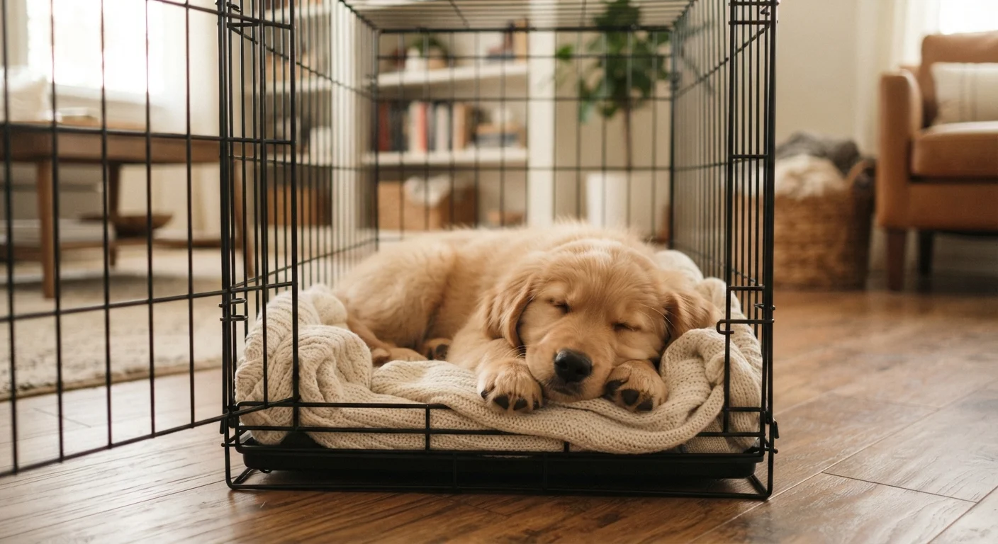 A relaxed puppy resting inside an open wire crate with a soft blanket inside