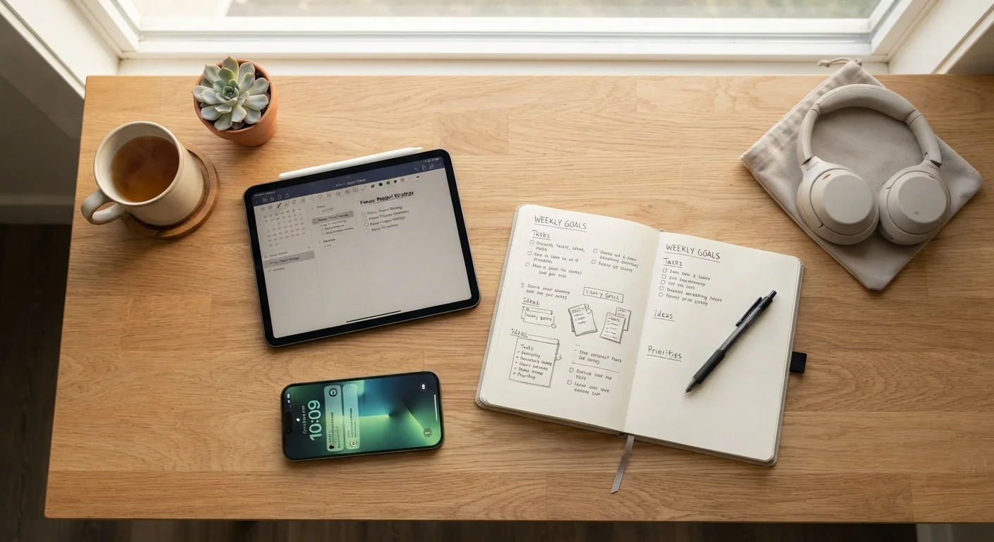 Smartphone, tablet, and notebook arranged neatly on a wooden desk for productivity