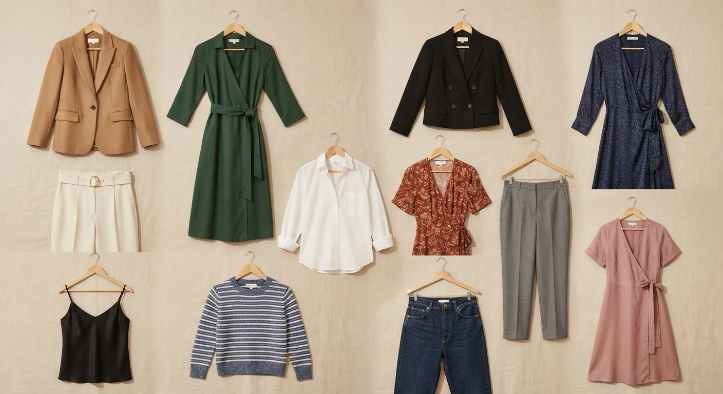 A variety of clothing styles arranged neatly on hangers, representing different fashion choices for different body types