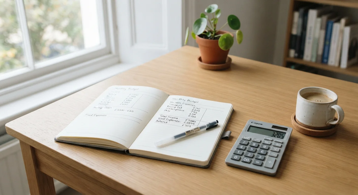 Open budget notebook on a tidy desk with a pen, calculator, and coffee cup