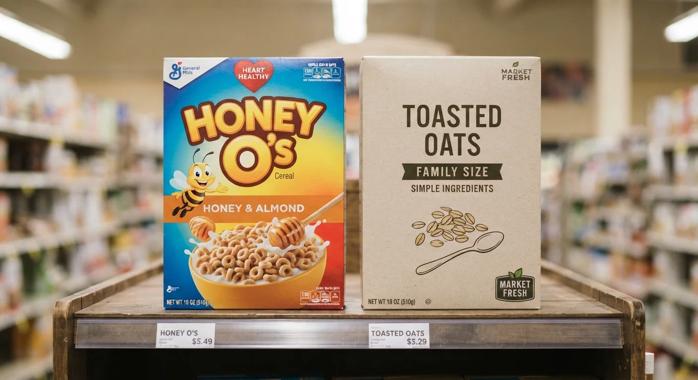 Name brand and generic store brand products displayed side by side on a retail shelf