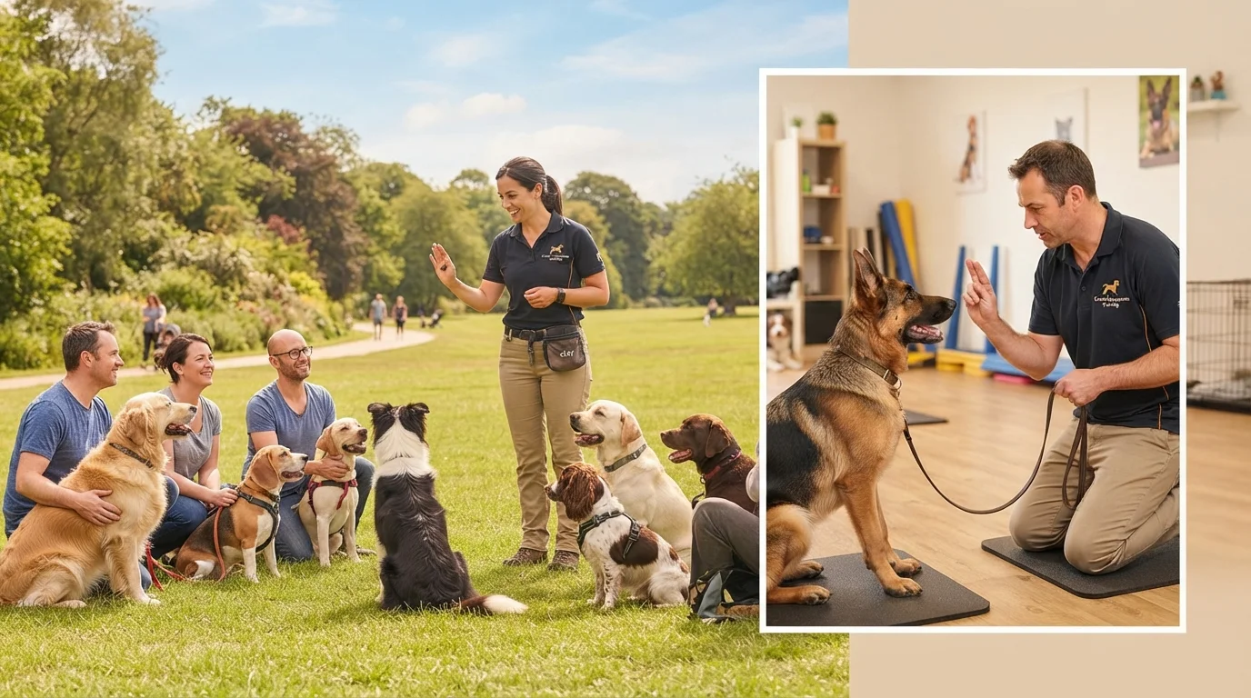 A dog trainer working with a group class outdoors and separately doing private one-on-one training with a single dog indoors