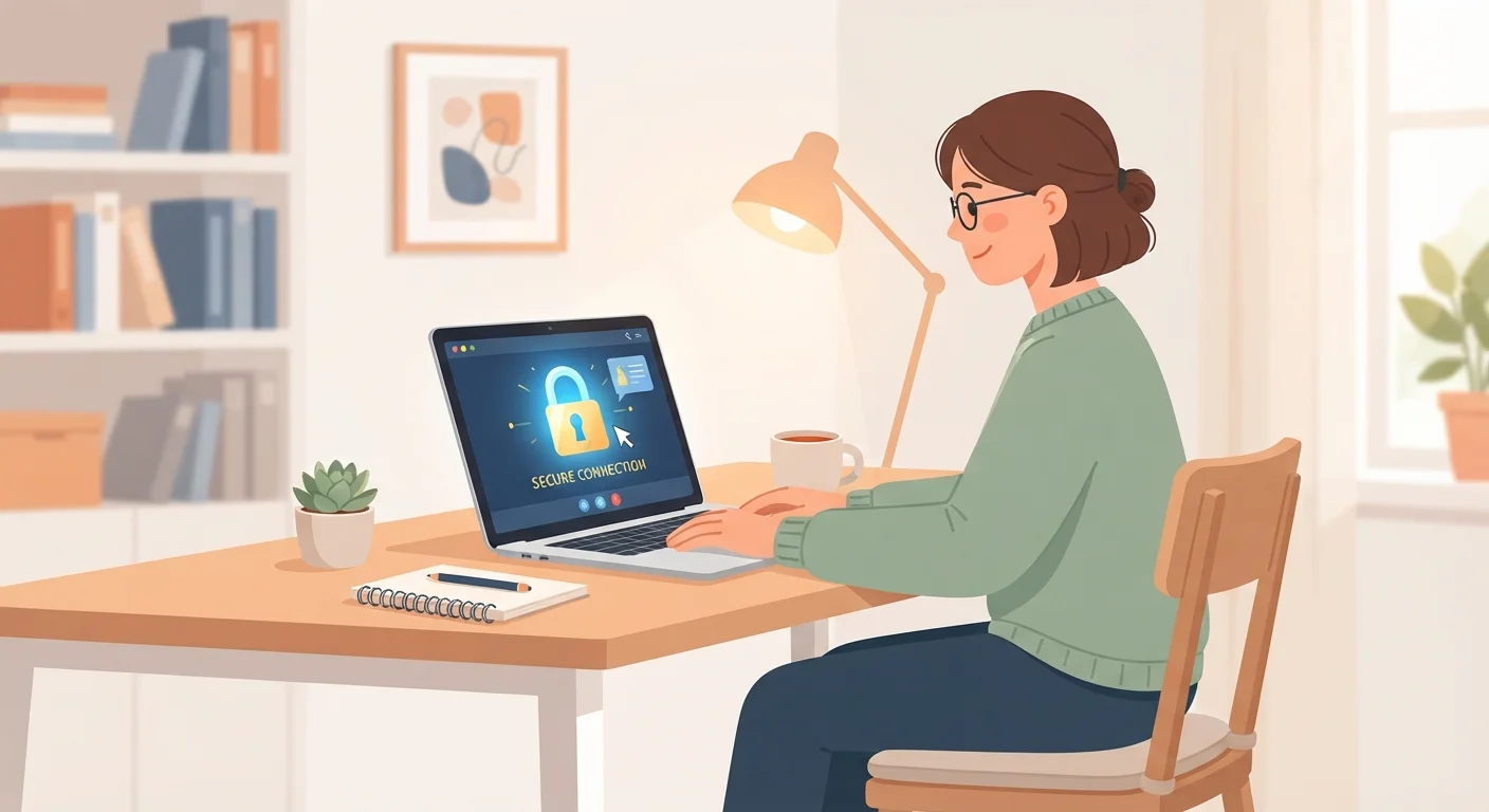 Person using a laptop with a glowing digital padlock symbol on screen at home