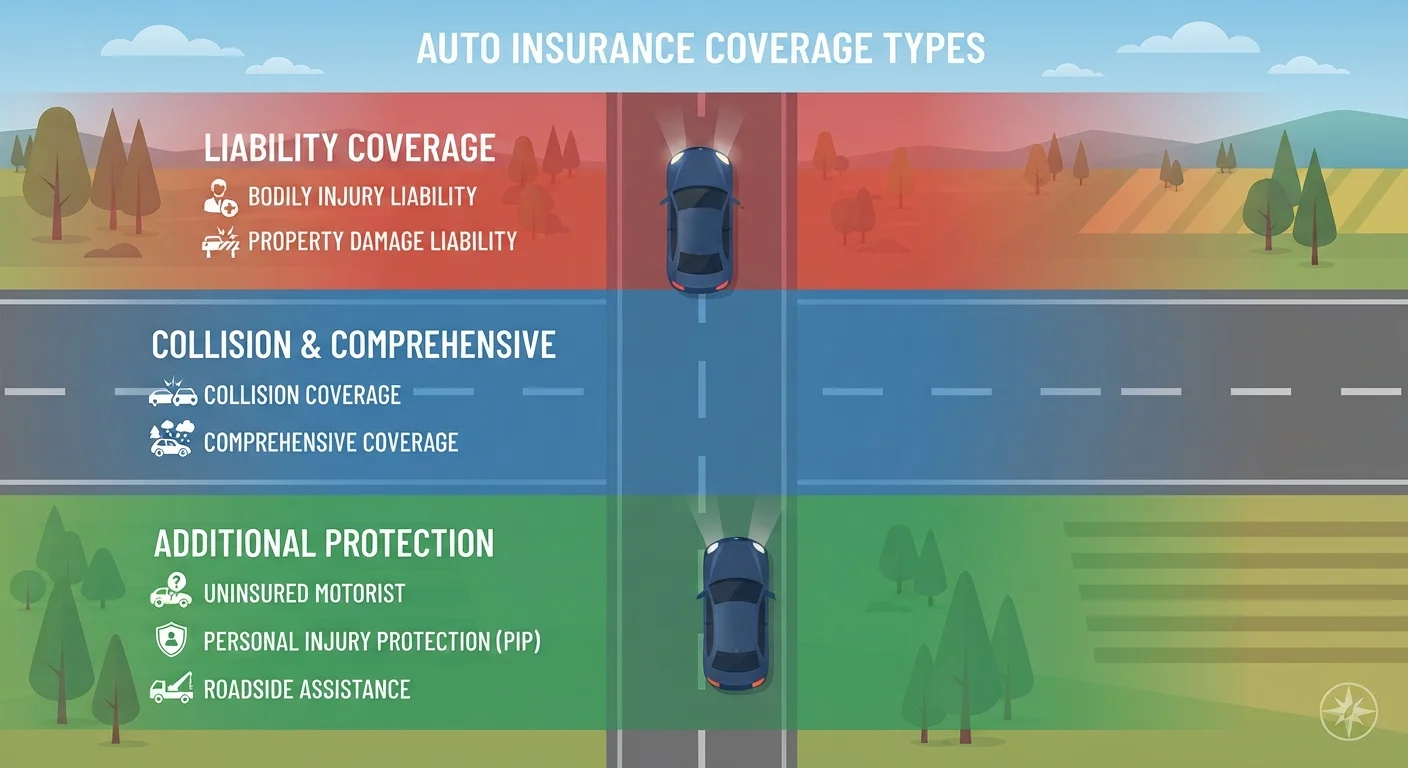 Overhead view of a car on a road divided into three color zones representing liability, comprehensive, and collision coverage