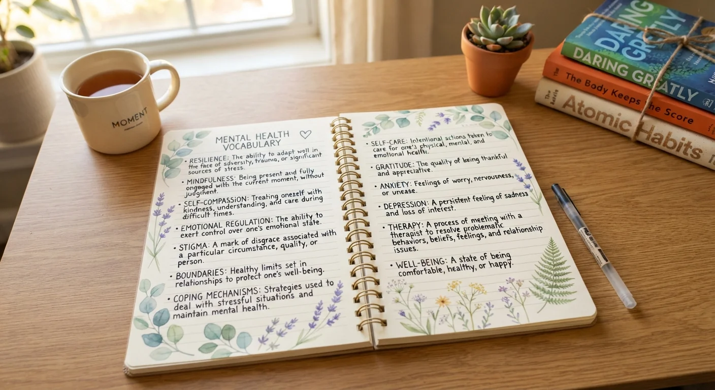 Open notebook with mental health terms written clearly, surrounded by soft botanical illustrations