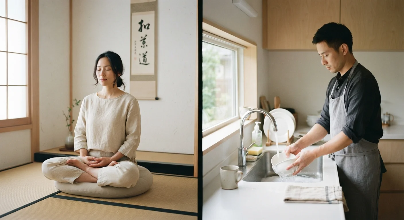 Two people practicing mindfulness and meditation in different everyday settings with calm focus