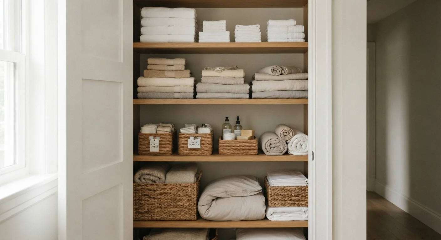 Neatly organized linen closet with folded towels and baskets on wooden shelves