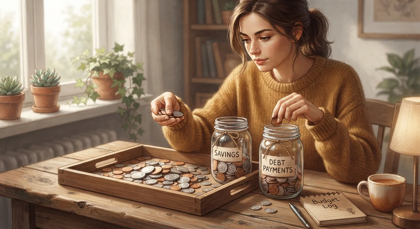Person dividing coins between two jars labeled savings and debt payments on a wooden desk.