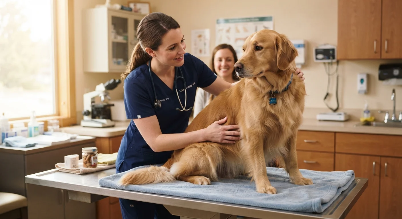 A veterinarian gently examining an overweight golden retriever on an exam table