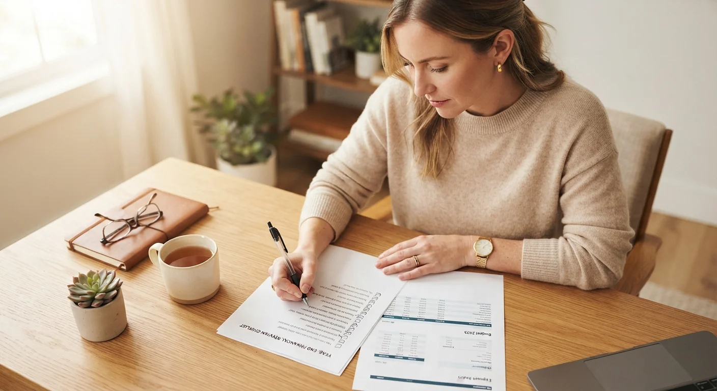 Person reviewing a life insurance checklist and policy documents at a desk.