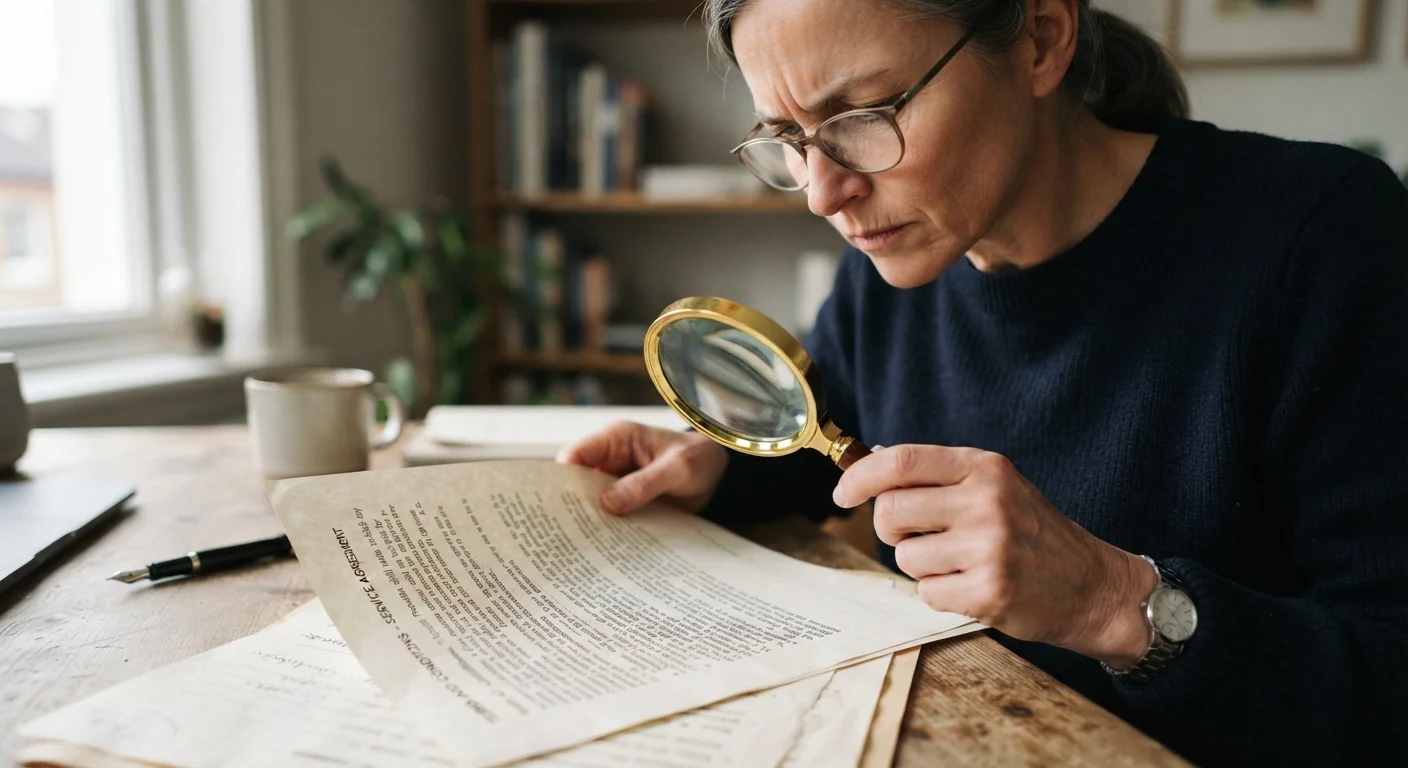 Person carefully reading the fine print on a subscription or terms-of-service document