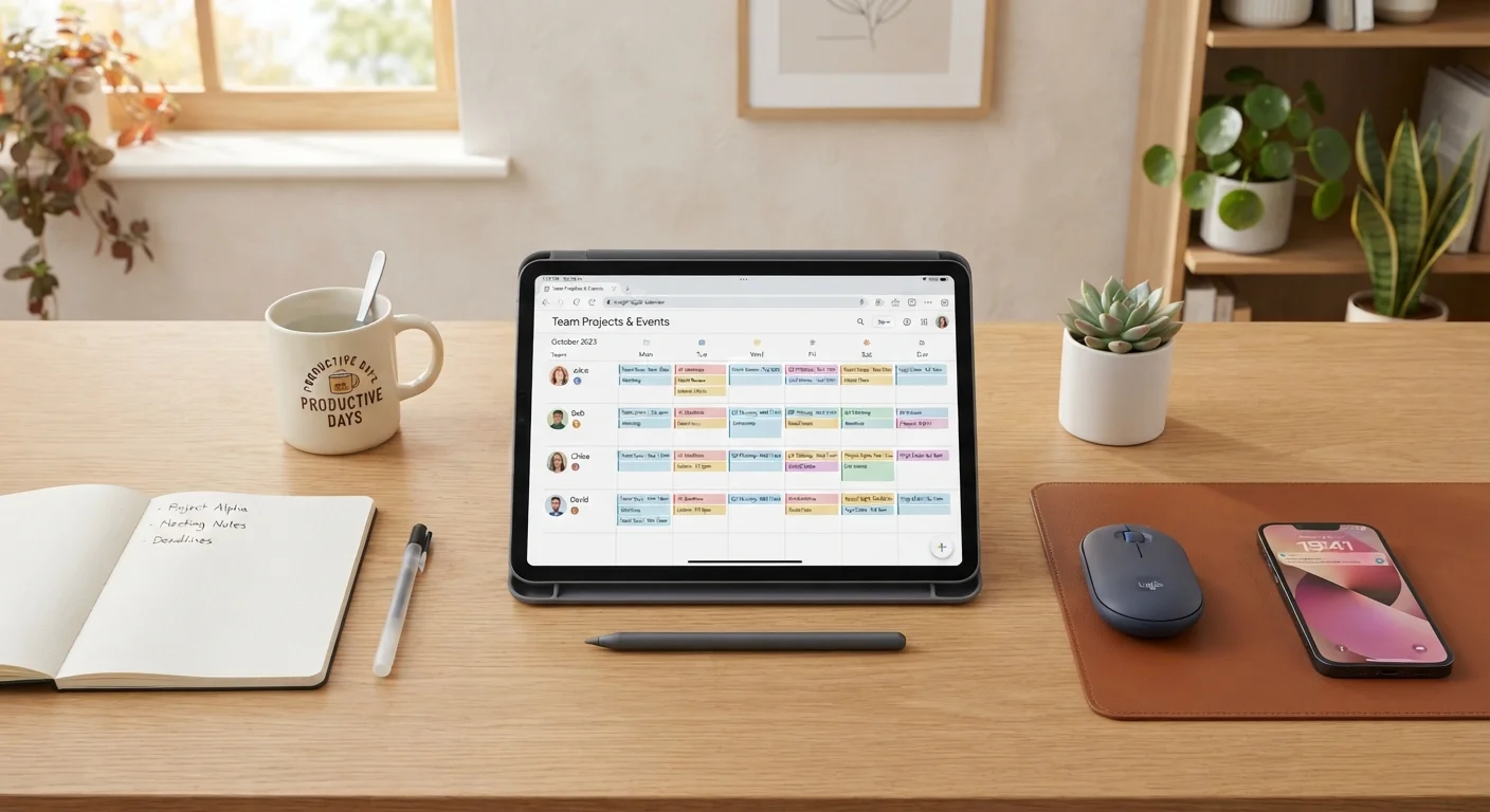 A tablet showing a colorful shared digital calendar on a tidy home office desk