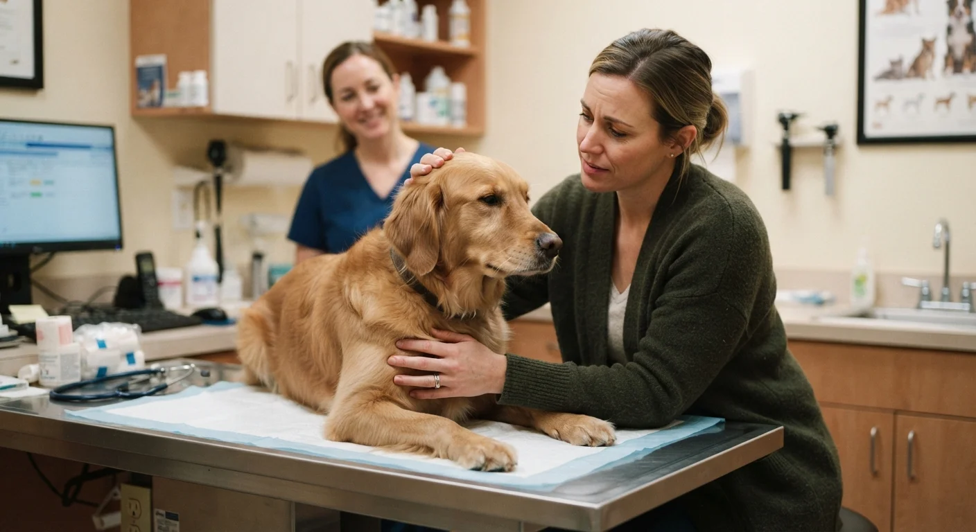 Pet owner and veterinarian examining a calm dog on a clinical exam table