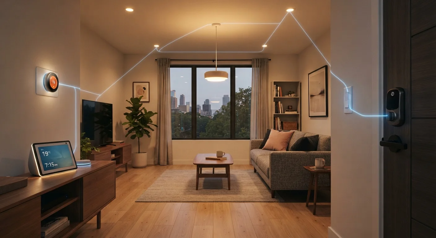 A living room showing interconnected smart home devices linked by a glowing digital network