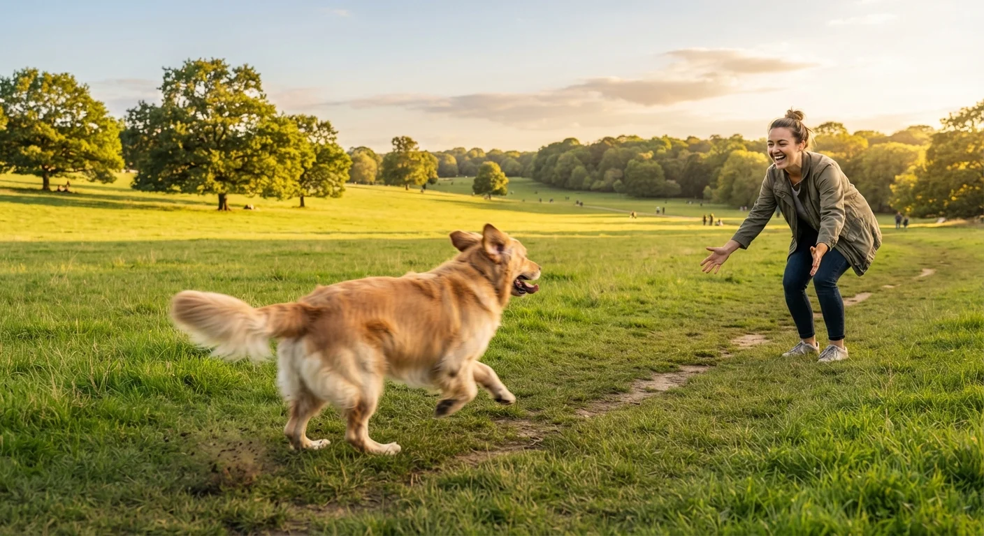 A dog running enthusiastically toward its owner across an open grassy field