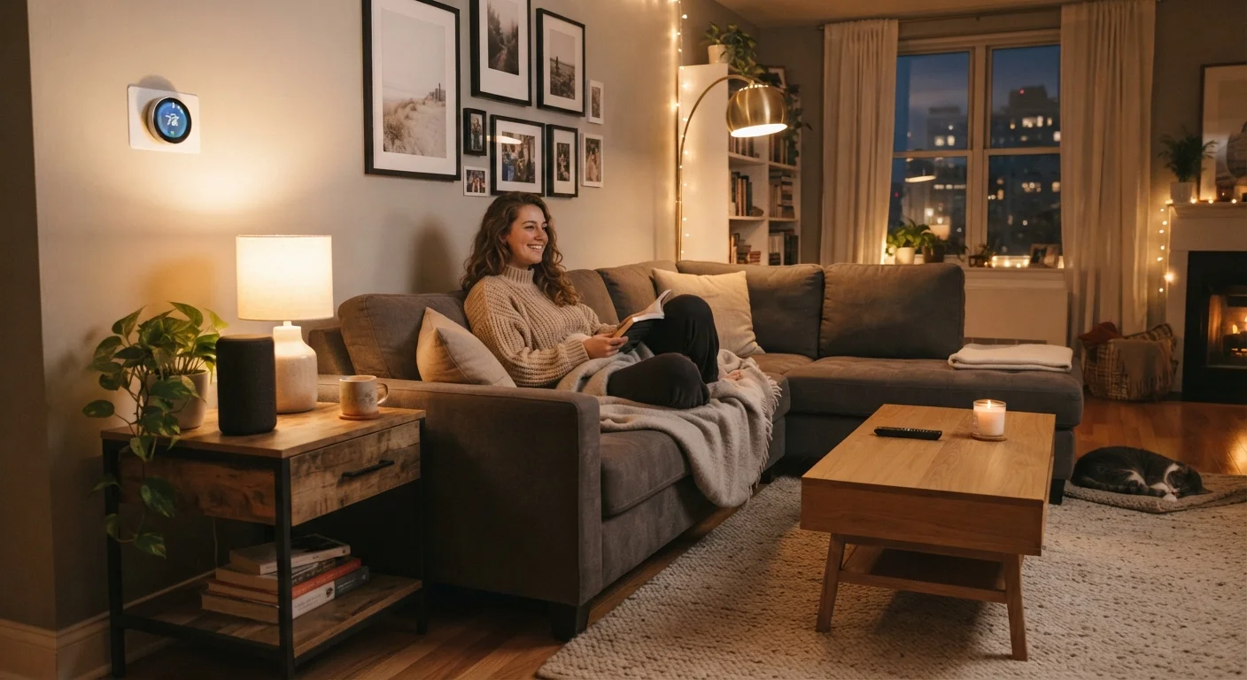 A modern living room with smart home devices including a speaker and thermostat on the wall