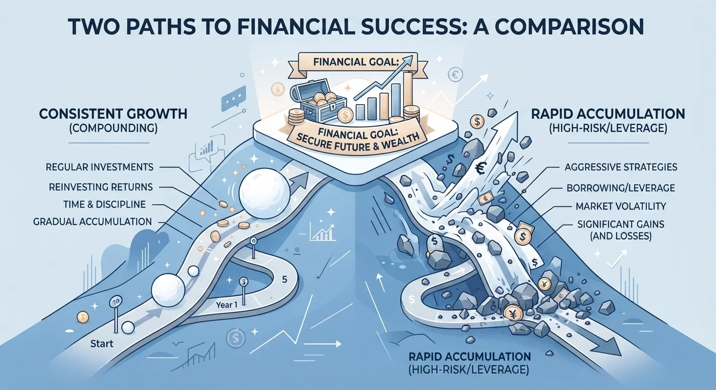 Two debt payoff paths illustrated as a snowball and avalanche leading to a financial goal