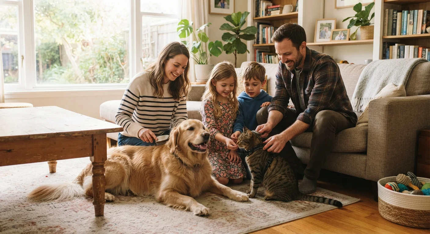 Family caring for a dog and cat together in a bright, welcoming home environment