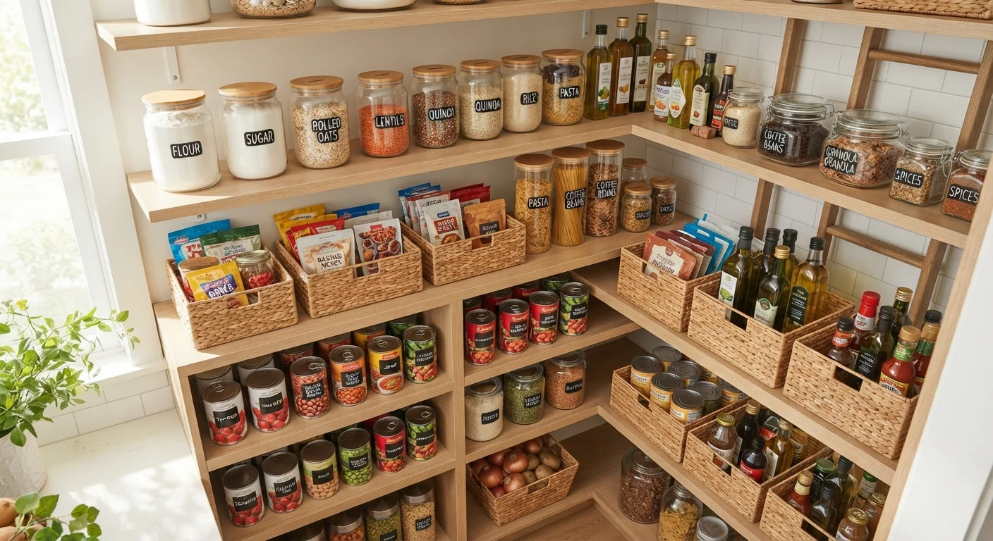 Well-organized pantry shelves stocked with jars, cans, and dry goods arranged neatly by category