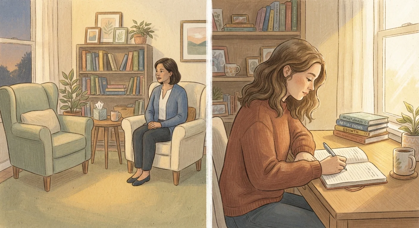 Split scene contrasting a therapy office setting with a person engaged in self-help journaling at home.