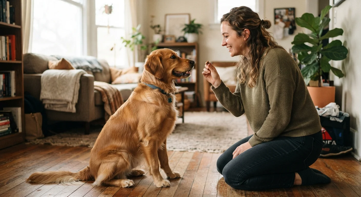 Dog sitting attentively while owner holds a treat during a training session indoors