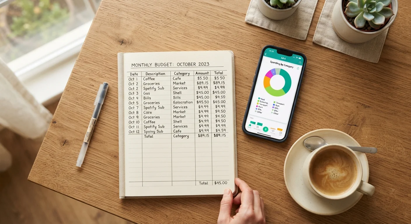 A desk with a budget notebook, smartphone with spending chart, and pen arranged neatly