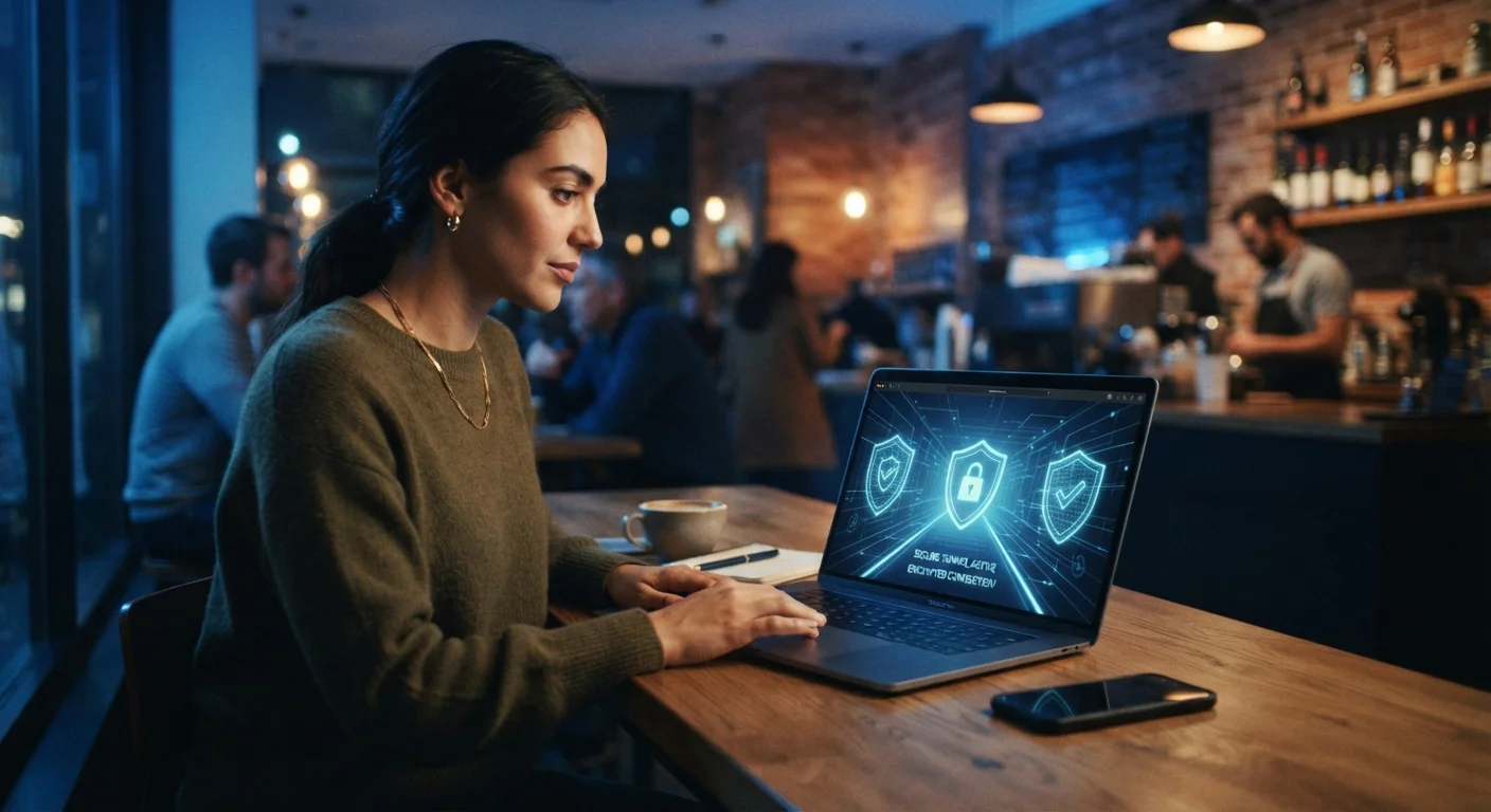 Person using a laptop in a public coffee shop with a digital security shield on screen
