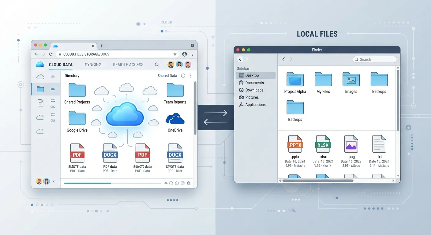Split-screen graphic comparing a web browser interface with a desktop installed software window