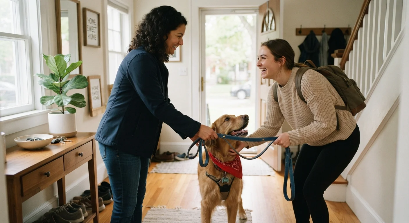 A person responsibly transferring a leashed dog to a caring new owner indoors