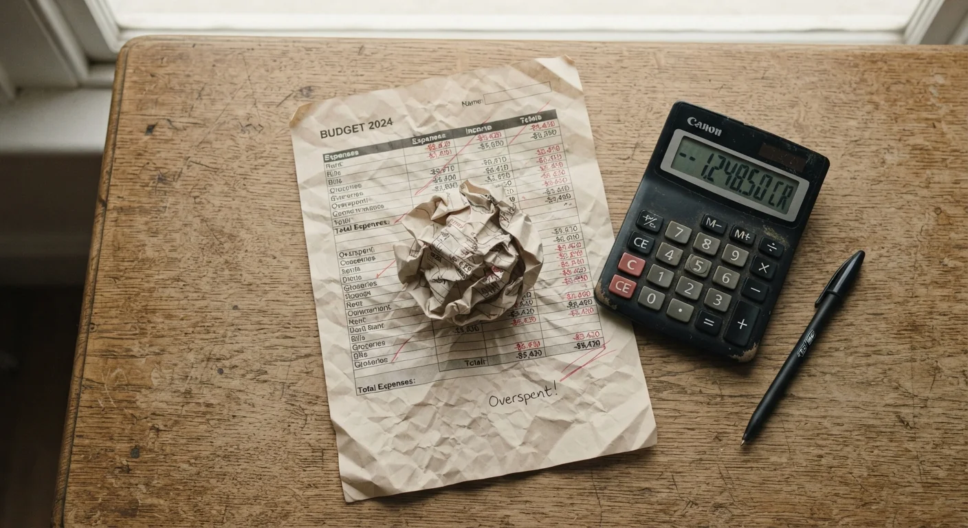 Crumpled budget spreadsheet beside a calculator and pen on a wooden desk