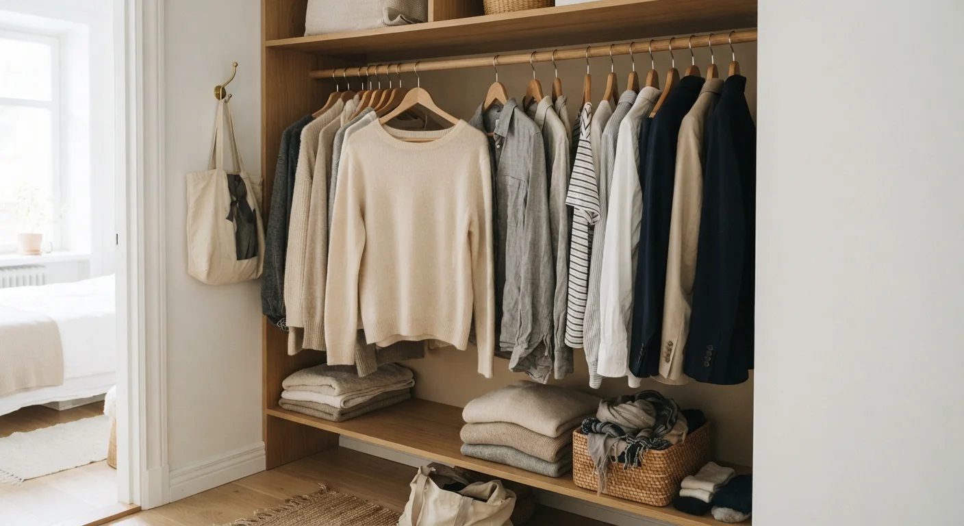 A closet filled with hanging clothes, some showing signs of wear and fabric distortion