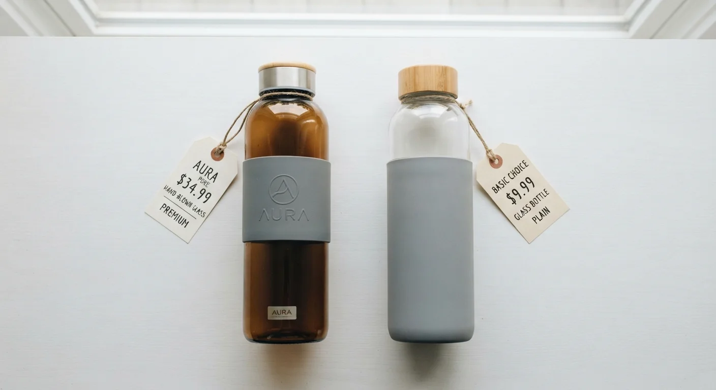 Two similar products with different price tags placed side by side on a white surface.