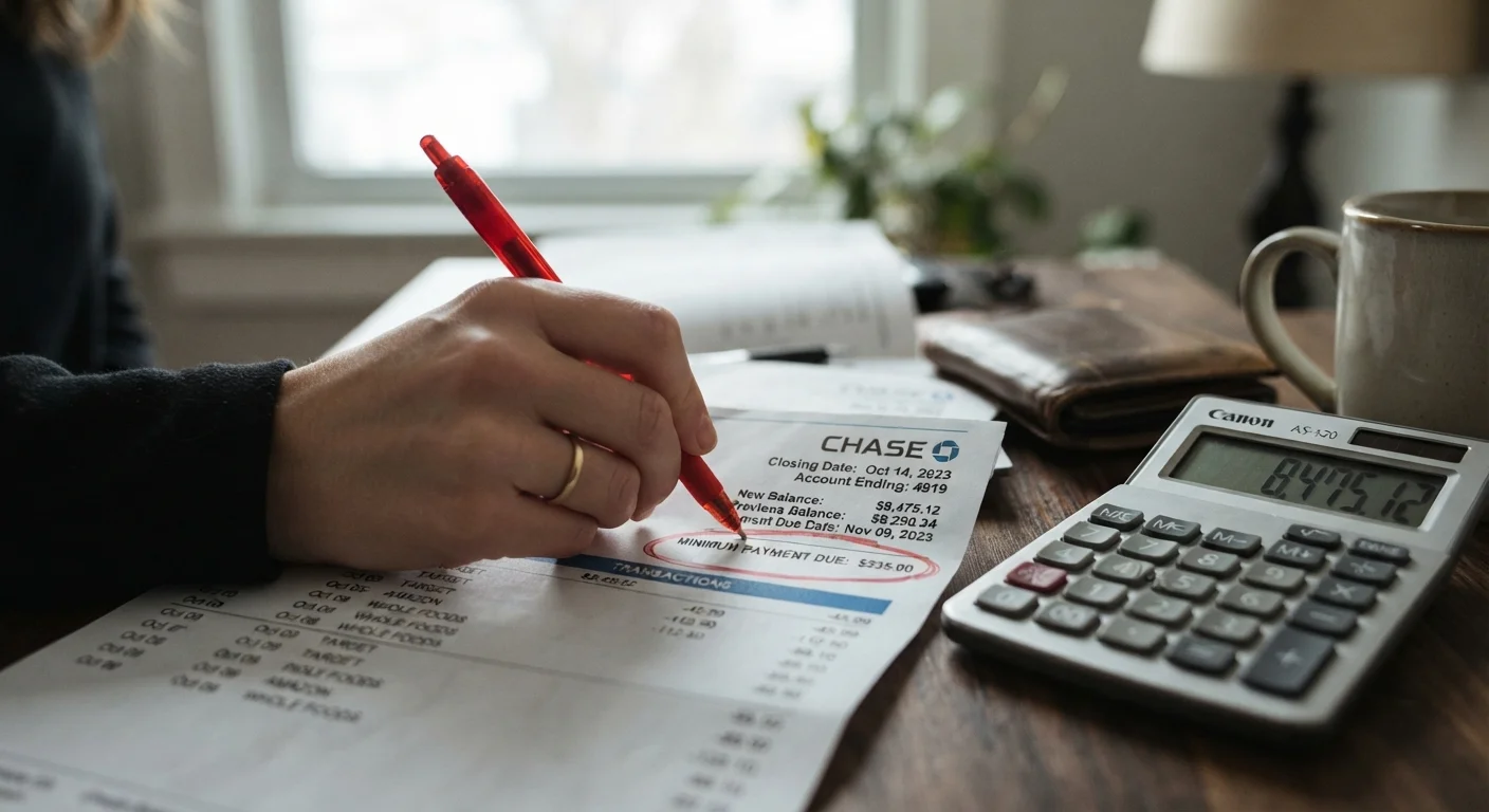 Credit card statement on a desk with minimum payment amount circled in red pen.