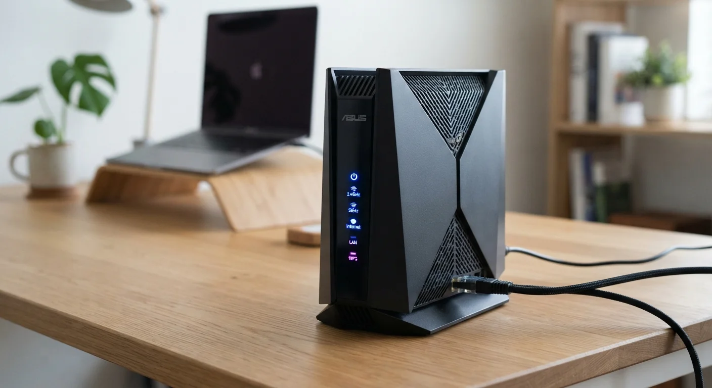 Modern wireless router with blue and purple LED indicator lights on a home office desk